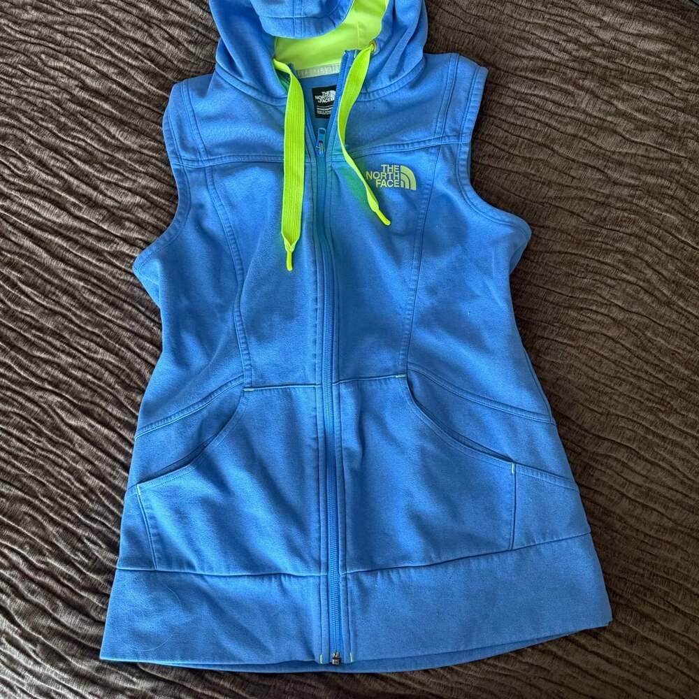 The North Face Fleece Hooded Vest Size S/P Blue Neon Yellow Full Zip